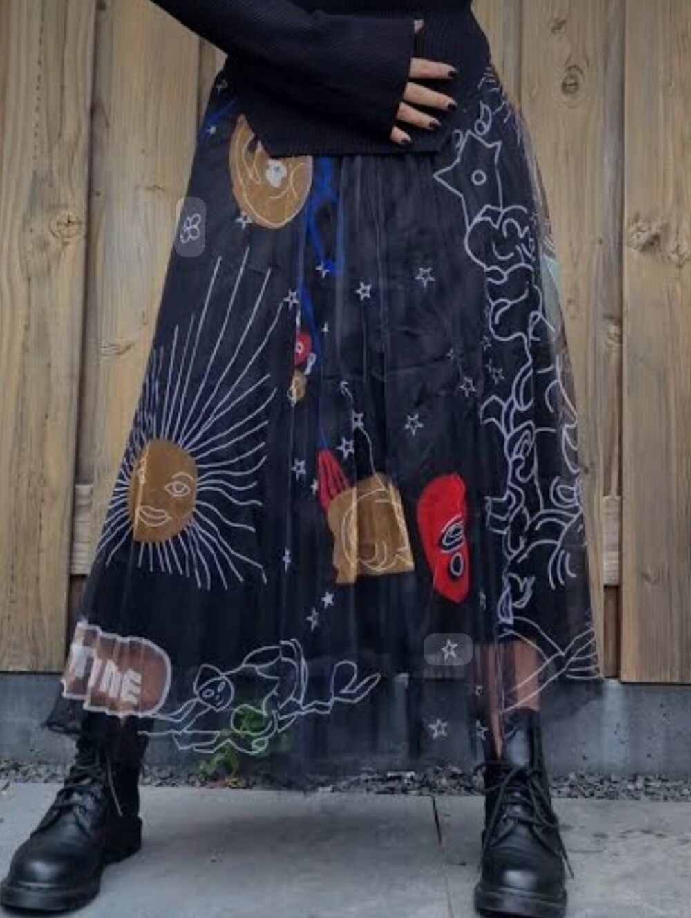 Black Maxi Tulle Skirt with Celestial & Graphic Print